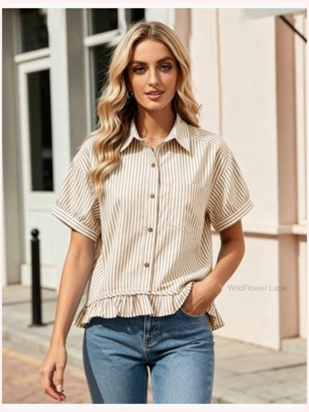 Cropped Striped Button Down Short Sleeve Ruffled Blouse Casual Summer - Picture 3 of 7